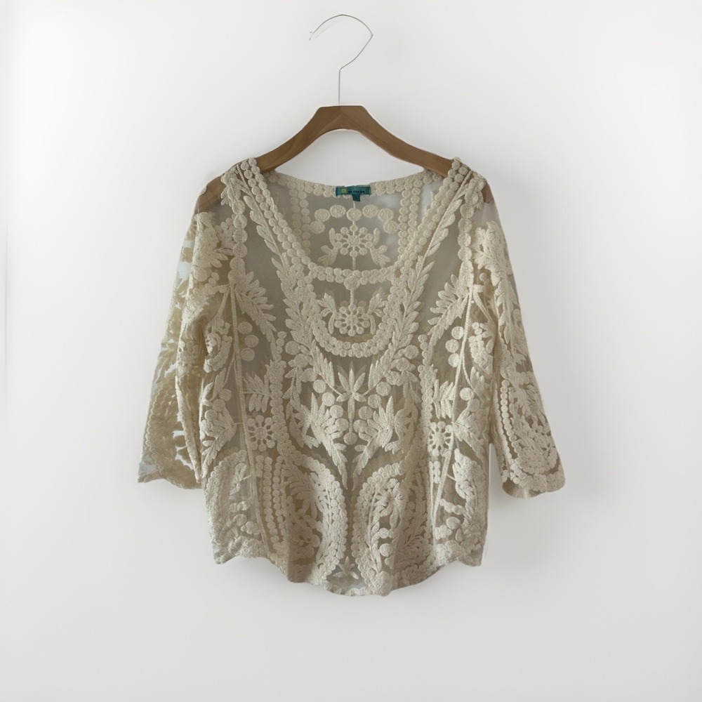 My Emblem Womens Cream Floral Lace Mesh Top L Boho 3/4 Sleeve Ivory Romantic